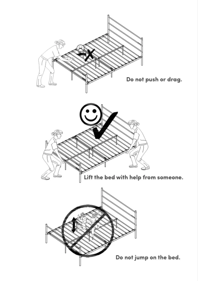 Owen Single Metal Bed - Black - 13 - Safe bed setup guide, Proper bed lifting technique, Bed safety tips illustration, Bed