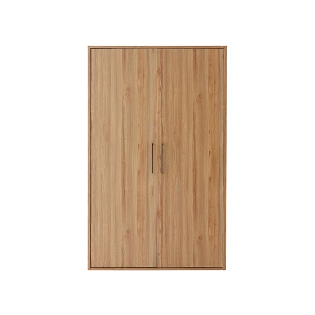 Mirans 2 Door Wardrobe - Oak - 1 - Wooden cabinet with black handles, minimalist design, natural wood finish, vertical