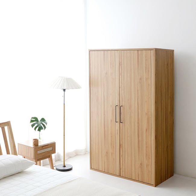 Mirans 2 Door Wardrobe - Oak - 17 - Wooden wardrobe, minimalist design, natural wood finish, tall floor lamp, white walls