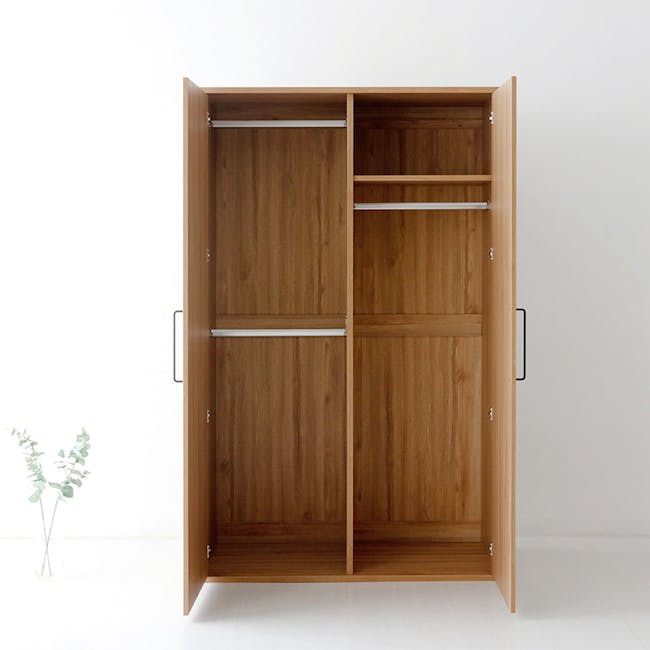 Mirans 2 Door Wardrobe - Oak - 9 - Wooden wardrobe with open doors, minimalist design, empty shelves, integrated handles