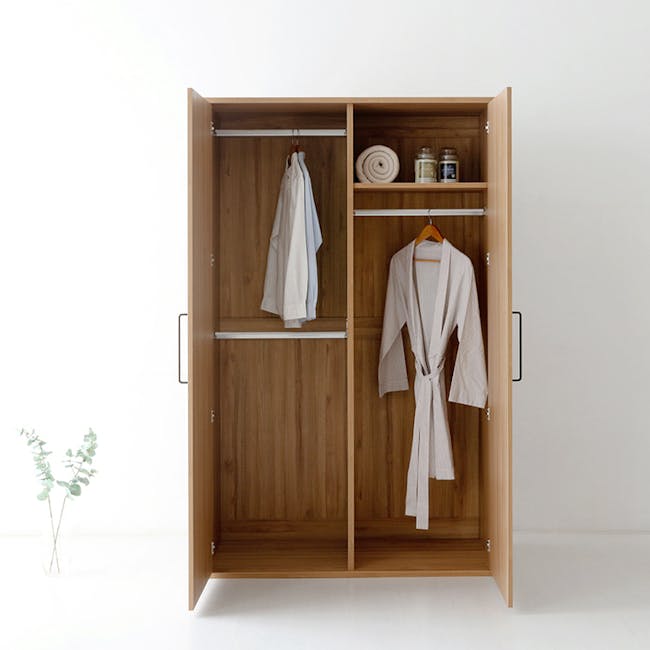 Mirans 2 Door Wardrobe - Oak - 3 - Wooden wardrobe with neatly hung clothes, minimalist interior design, open wooden doors