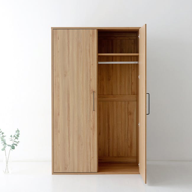 Mirans 2 Door Wardrobe - Oak - 8 - Wooden wardrobe with open doors, minimalist design, light brown wood finish, sleek metal