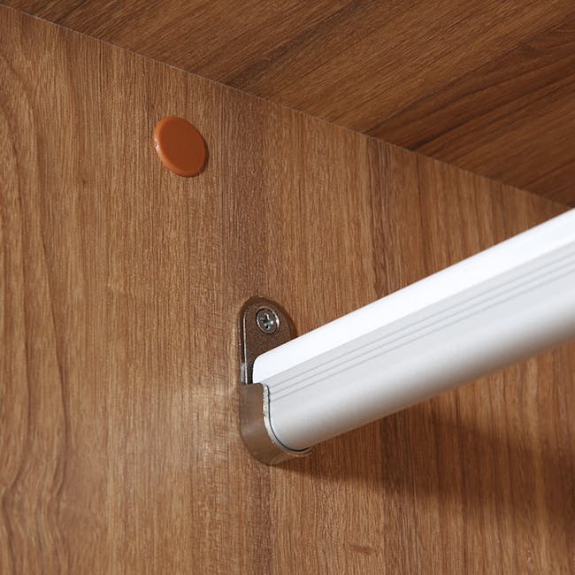 Mirans 2 Door Wardrobe - Oak - 13 - Wooden door, brown liquid spill, white roller shutter, metal hinge, wooden texture