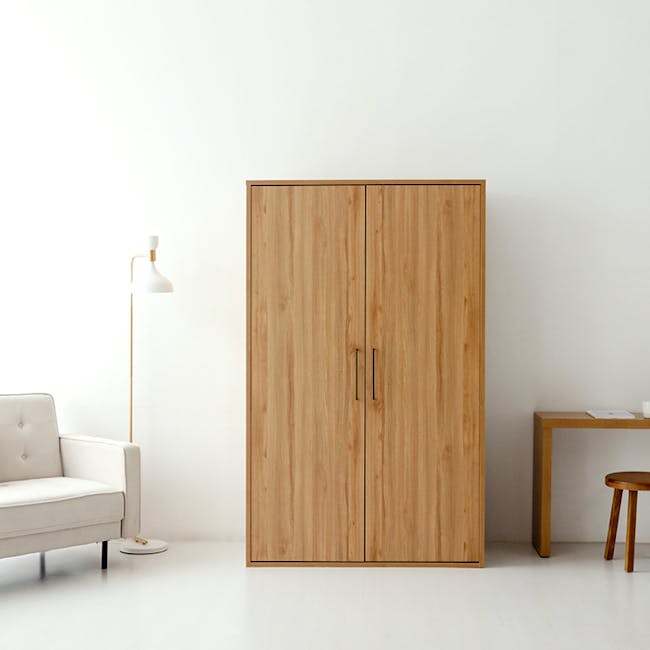 Mirans 2 Door Wardrobe - Oak - 18 - Wooden wardrobe, minimalist design, light beige sofa, white floor lamp, wooden cabinet