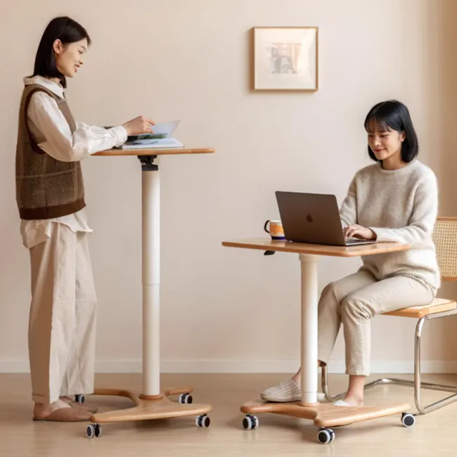 Easton Adjustable Table 0.6m - Oak, White - 6 - standing woman, laptop, desk, two people, working, smiling, casual attire