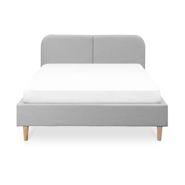 Nolan Queen Bed in Silver Fox with 2 Miah Bedside Table in White - 2 - Grey upholstered bed with wooden legs, minimalist