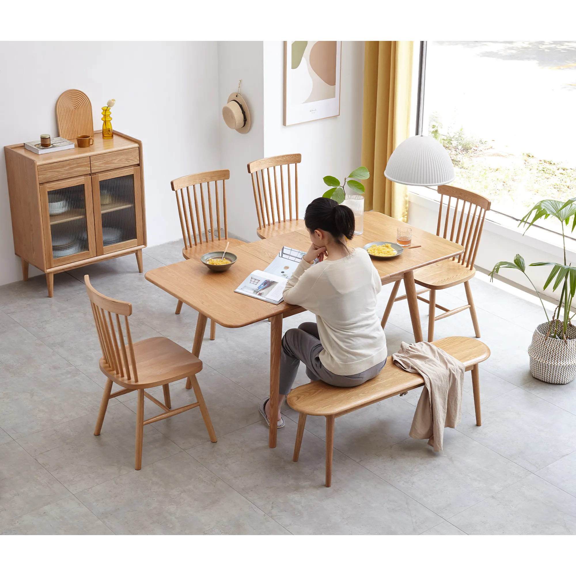 Felda Bench 1m - Oak - 10 - Wooden dining table, woman reading, modern furniture, minimalist decor, natural light, wooden