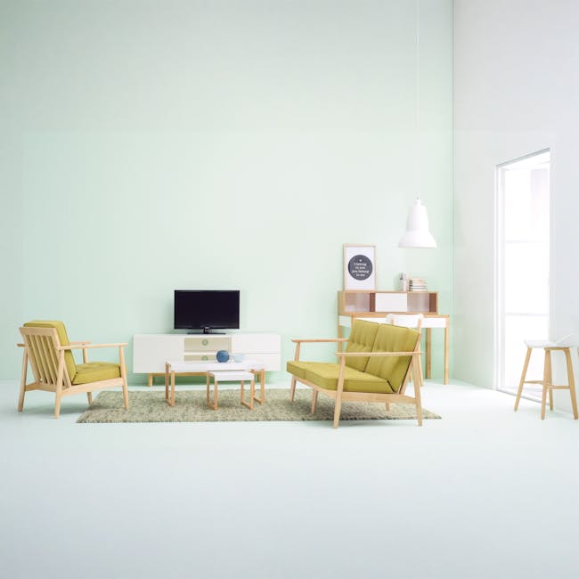 (As-is) Aalto TV Cabinet 1.6m - White, Natural - 16 - 12 - Minimalist living room with modern furniture, light green walls