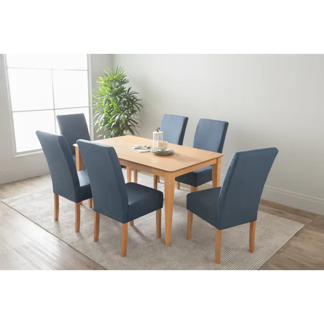 Adriel Dining Table 1.5m - Oak - 3 - Light blue upholstered dining chairs, wooden table, light beige rug, large window with