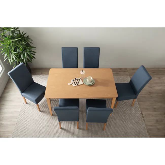Adriel Dining Table 1.5m - Oak - 4 - Modern dining room, minimalist design, wooden dining table, six blue upholstered