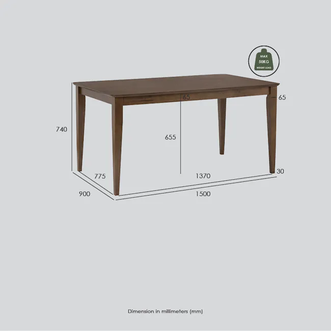 Adriel Dining Table 1.5m - Oak - 8 - Wooden table, 65mm height, 1370mm wide, 900mm depth, 775mm length, 655mm width, 1500mm