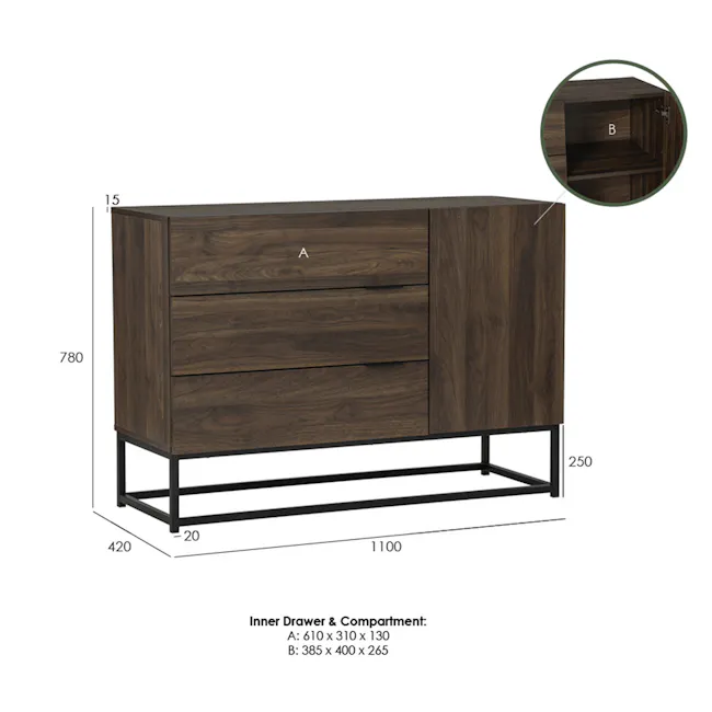Carrie Sideboard 1.1m - 12 - Wooden cabinet with multiple drawers, dimensions 780 x 420 x 1100 mm, inner drawer and
