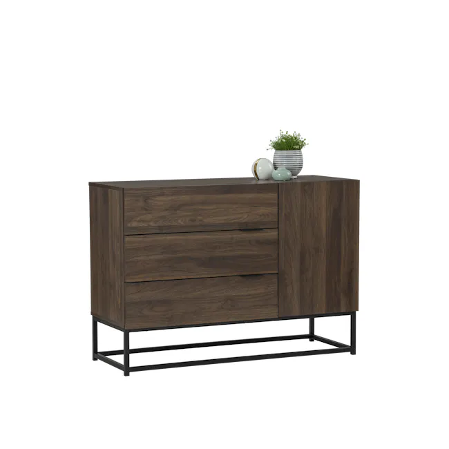 Carrie Sideboard 1.1m - 3 - Wooden dresser with black metal legs, minimalist design, dark wood finish, three drawers, modern