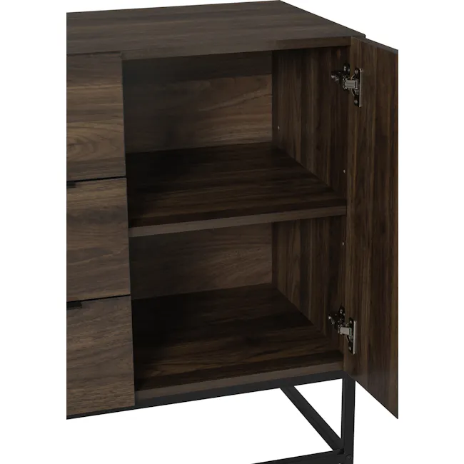 Carrie Sideboard 1.1m - 9 - Wooden cabinet with metal handles, open shelves, dark wood finish, minimalist design, sturdy