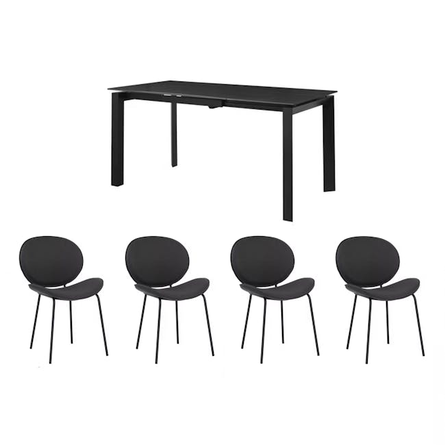Agnes Extendable Dining Table 1.1-1.6m in Meteor Black (Sintered Stone) with 4 Ormer Dining Chairs in Titanium - 0