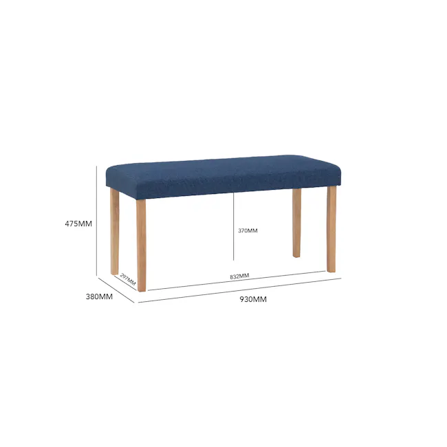 Dahlia Bench 0.9m - Natural, Navy (Fabric) - 6 - Elegant wooden bench, blue upholstered seat, 380mm height, 475mm width
