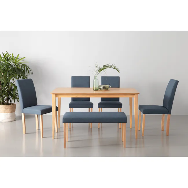 Dahlia Bench 0.9m - Natural, Navy (Fabric) - 2 - Modern dining room setup, minimalist furniture, wooden dining table, blue