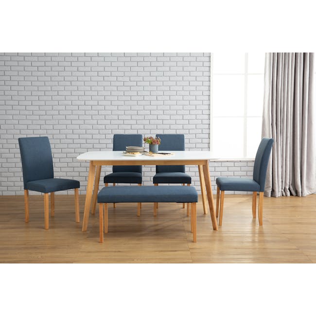 Dahlia Bench 0.9m - Natural, Navy (Fabric) - 3 - Modern dining room with white brick wall, wooden dining table, blue