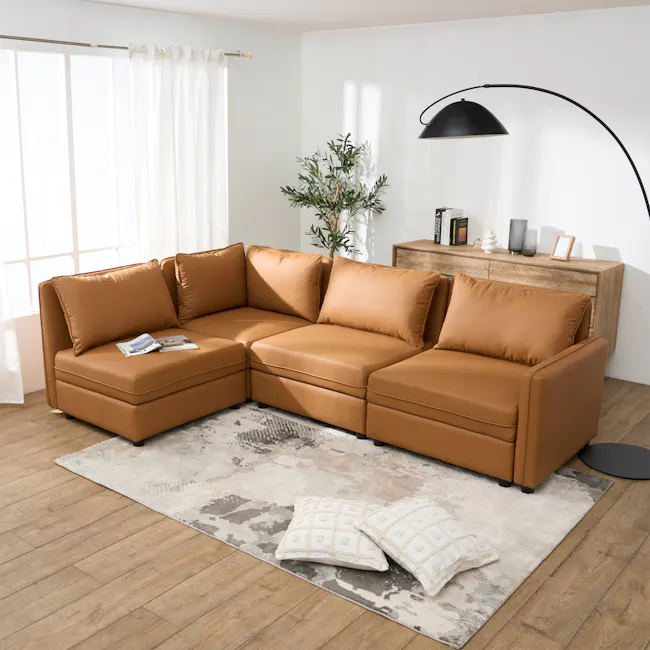 Cameron Corner Unit - Tan (Pet Friendly) - 12 - Modern living room with large brown leather sofa, beige and gray patterned