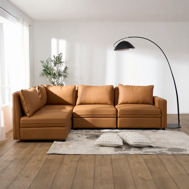 Cameron Corner Unit - Tan (Pet Friendly) - 11 - Modern living room, minimalist design, cozy sofa, brown leather, soft