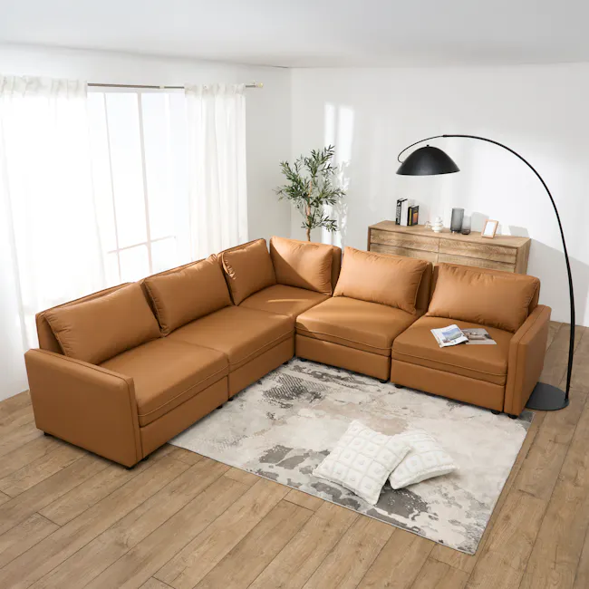 Cameron Corner Unit - Tan (Pet Friendly) - 13 - Brown leather sofa, modern living room, cozy atmosphere, minimalist decor
