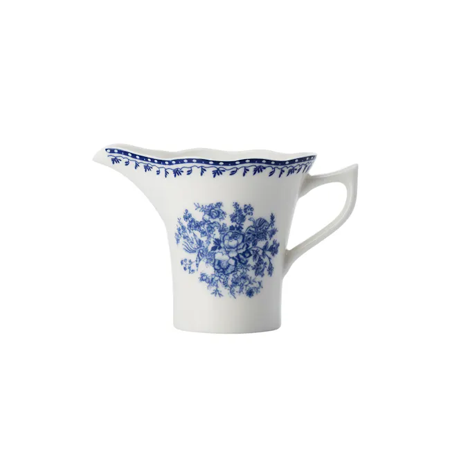 Luzerne Lancaster Garden Creamer - Pink - 2 - White ceramic pitcher, blue floral design, elegant piece, intricate patterns