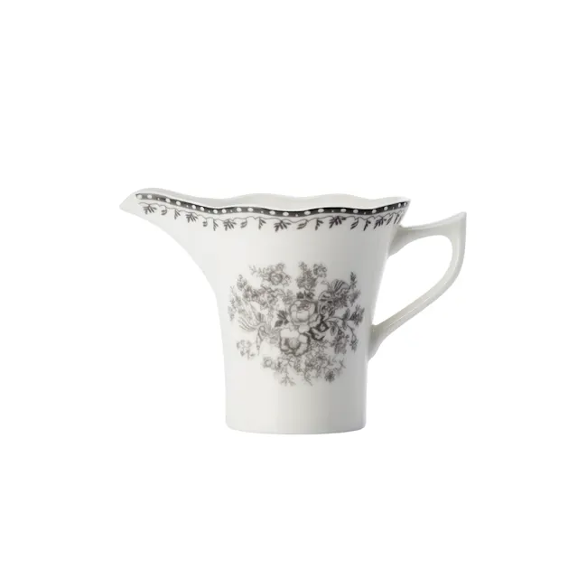 Luzerne Lancaster Garden Creamer - Pink - 3 - White ceramic pitcher, elegant floral design, intricate black and white