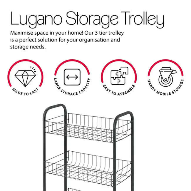 Metaltex Lugano 3 Tier Rolling Cart - Copper - 4 - 3-tier trolley, maximizes space, durable design, easy assembly, large