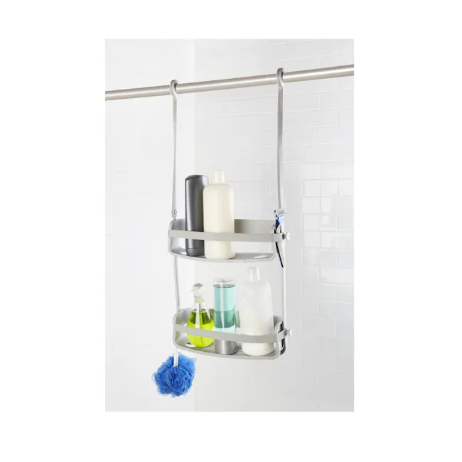 Flex Shower Caddy - Grey - 12 - silver bathroom shelf, white tiled wall, modern bathroom decor, white soap dispenser, blue