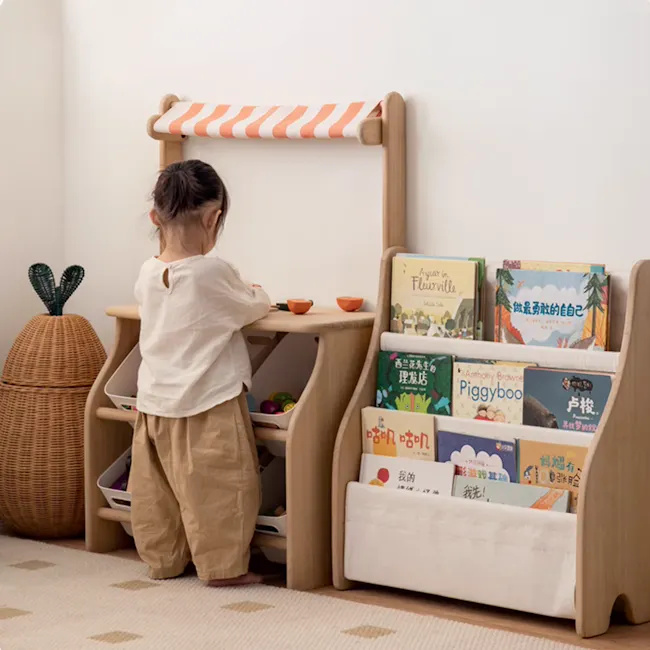 Micah Wooden Kids Toy Grocer Stand - 3 - Wooden play shelf, children's bookshelf, colorful books, children's activity