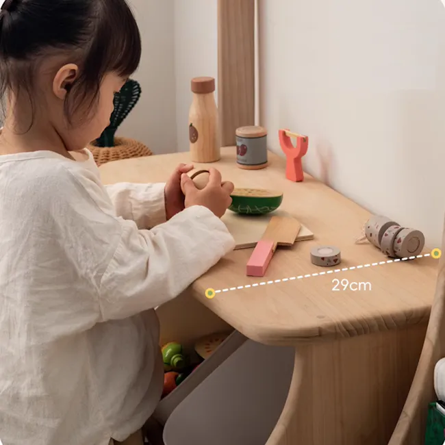 Micah Wooden Kids Toy Grocer Stand - 4 - child, sitting, wooden table, crafting, small objects, toy knife, wooden spoon
