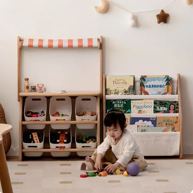 Micah Wooden Kids Toy Grocer Stand - 2 - Children's play area, colorful toys, wooden shelf, books, stuffed animals, soft