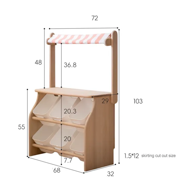 Micah Wooden Kids Toy Grocer Stand - 9 - Wooden shelving unit, 72 cm height, 8 cm wide, 29 cm depth, 103 cm length, 55 cm