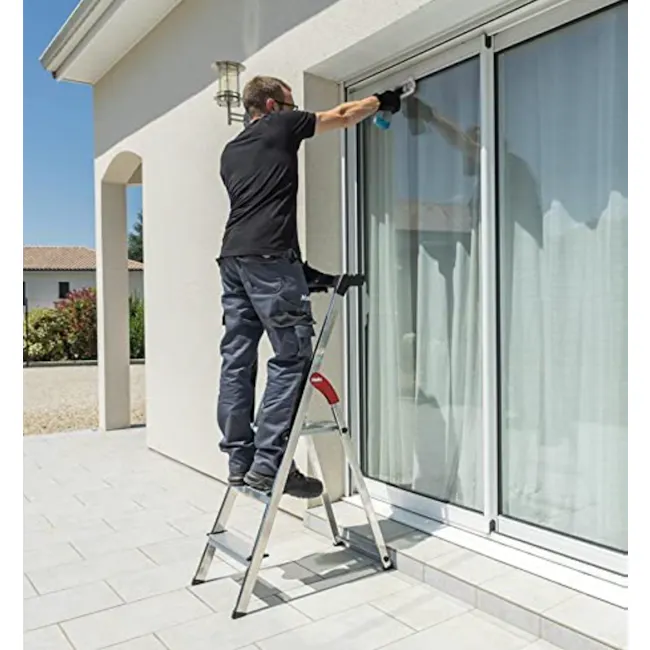 Hailo Aluminium 5 Step Ladder (2 Step Sizes) - 8cm Wide Step Ladder - 4 - man cleaning window, ladder, glass door, outdoor