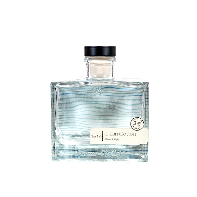 Aroma Matters Reed Diffuser - Clean Cotton (2 Sizes) - 1 - Glass bottle, blue and white striped design, clear liquid