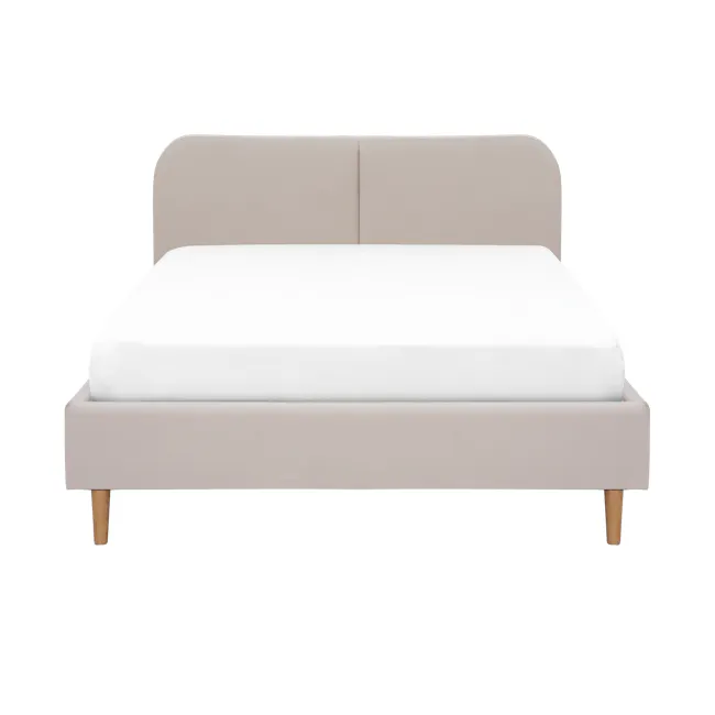 Nolan Queen Bed in Oatmeal with 2 Miah Bedside Table in White - 12 - Modern minimalist bed with beige upholstered headboard