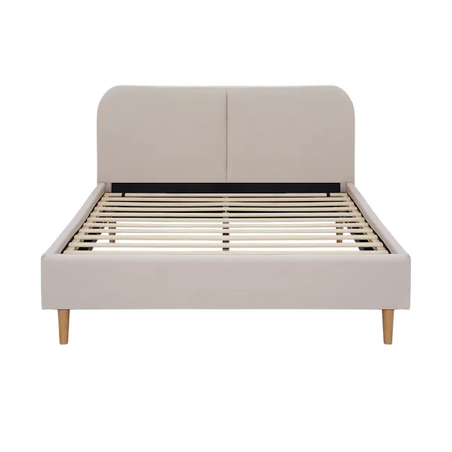 Nolan Queen Bed in Oatmeal with 2 Miah Bedside Table in White - 4 - Modern minimalist bed frame, light beige upholstered