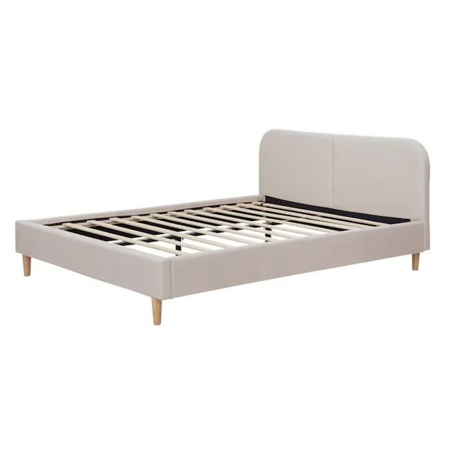 Nolan Queen Bed in Oatmeal with 2 Miah Bedside Table in White - 5 - Modern minimalist bed frame, light beige upholstered