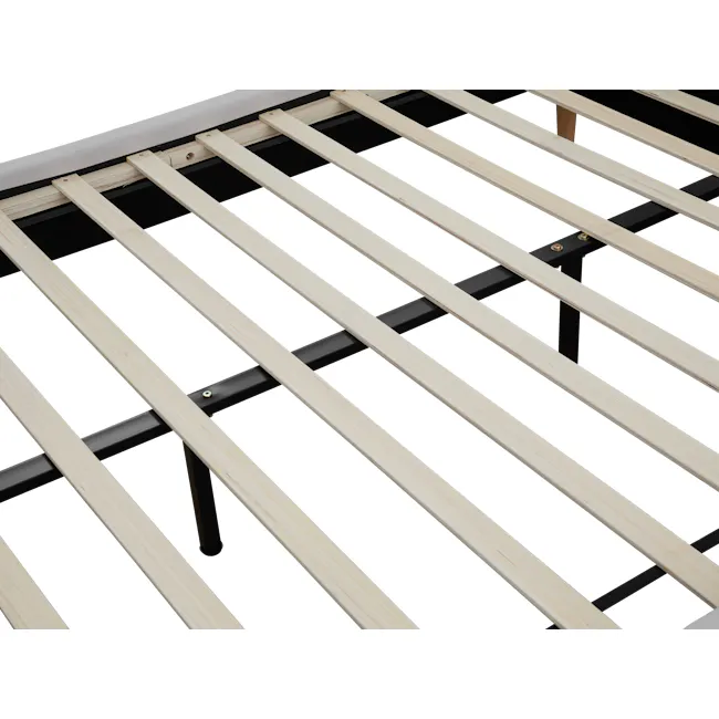 Nolan Queen Bed in Oatmeal with 2 Miah Bedside Table in White - 9 - Wooden slats, black metal frame, wooden plank