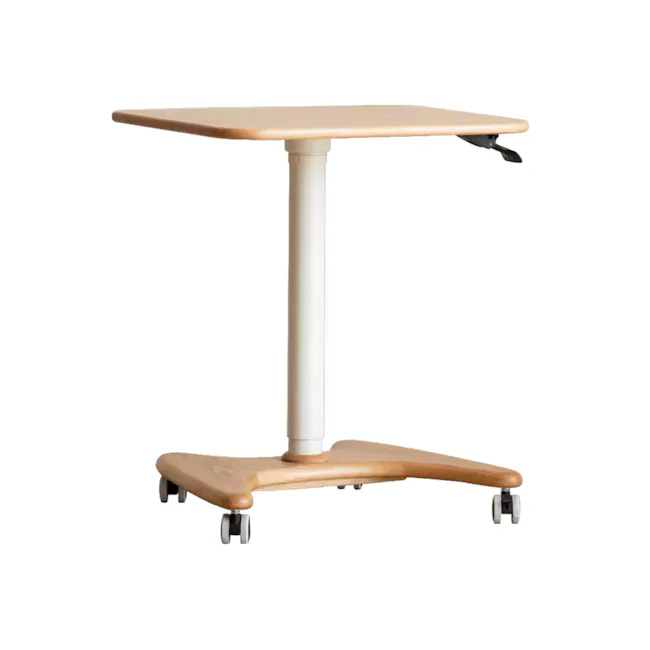 Easton Adjustable Table 0.6m - Oak, White - 1 - Wooden table with black caster, white pedestal base, four caster wheels