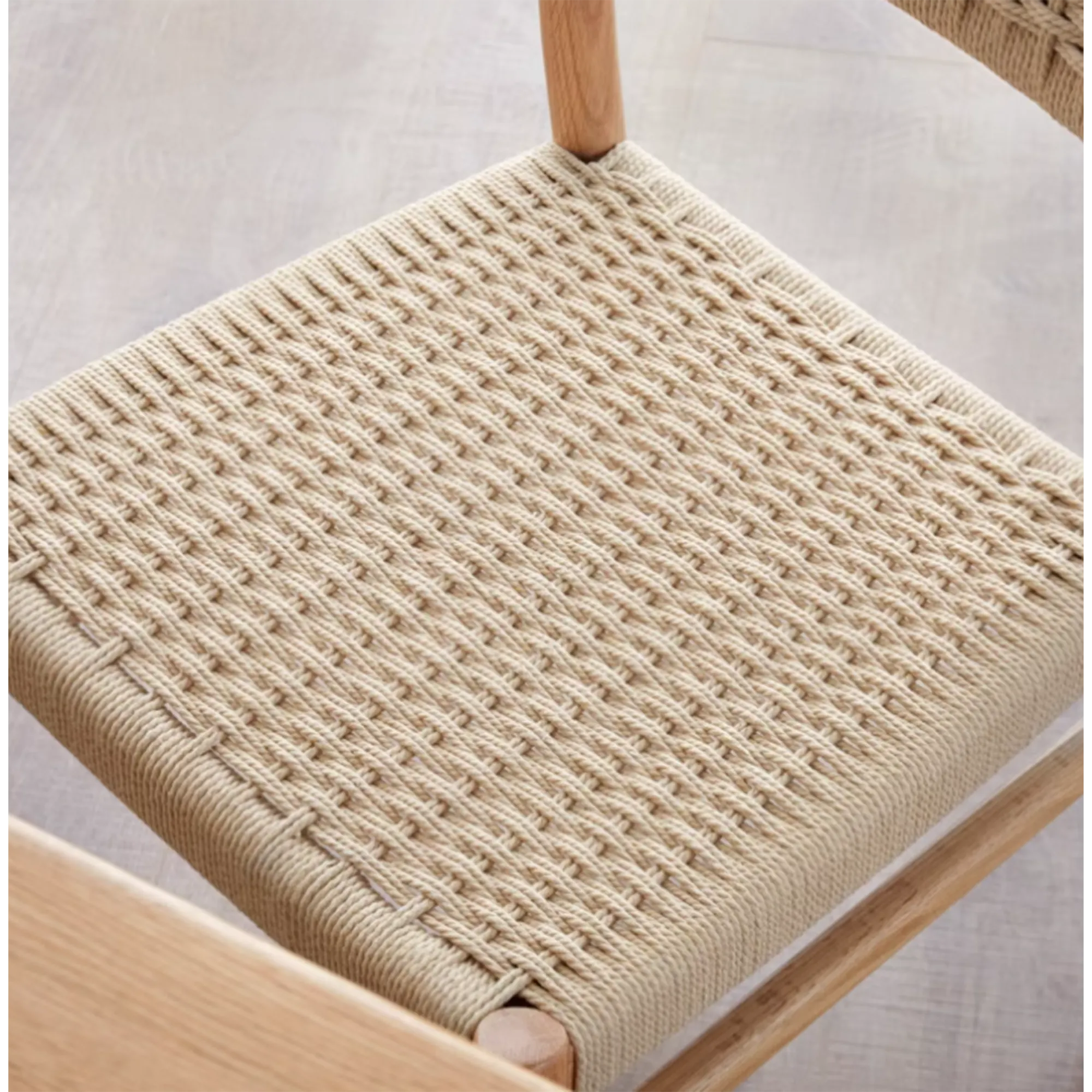 Lucille Dining Chair - 11 - Beige woven chair, wooden frame, textured fabric, cozy seating, natural fiber, rustic charm