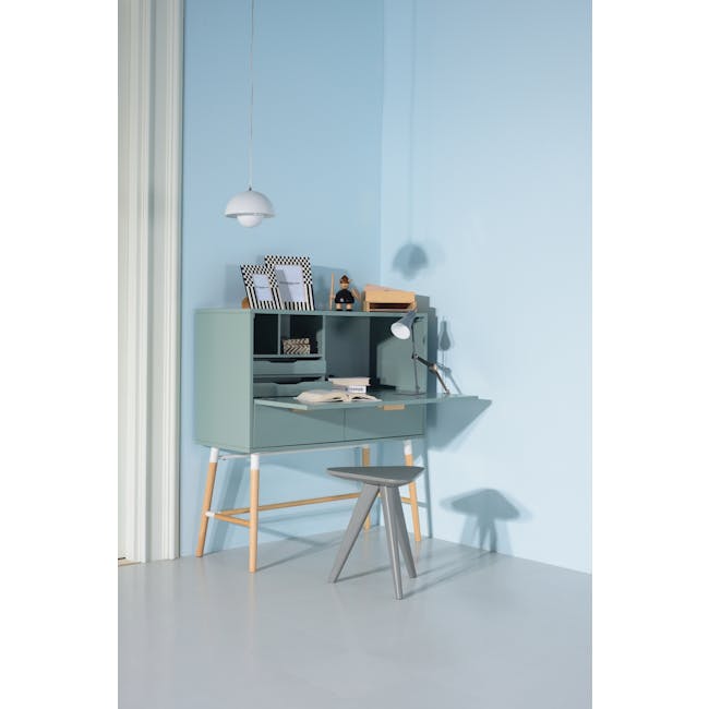Arod Study Table 1m - Sage Green - 2 - Modern minimalist desk, light blue wall, hanging pendant light, teal desk cabinet