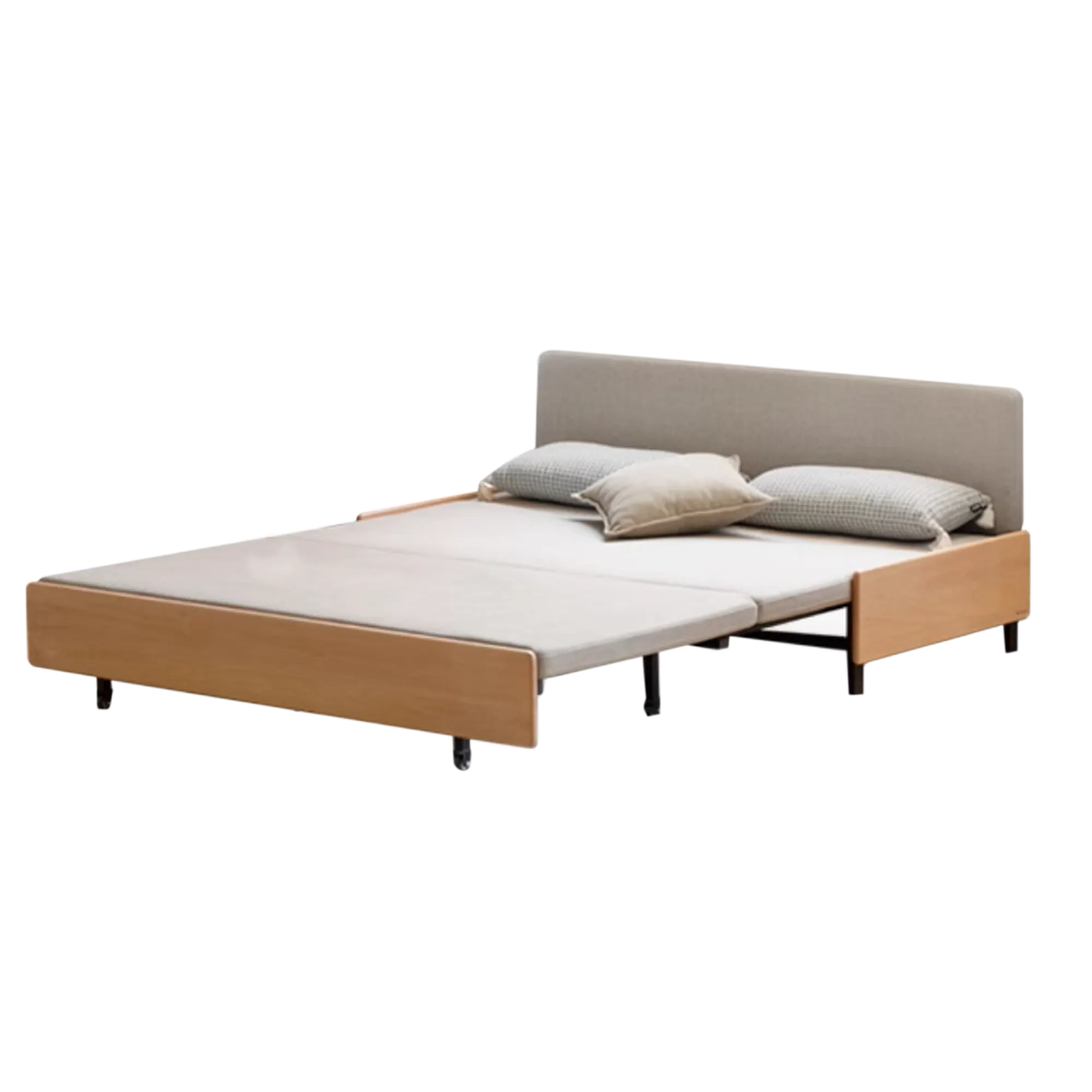 Yoke Sofa Bed / Bench 1.5m - Gravel White - 12 - Modern minimalist bed with light wooden frame, gray upholstered headboard
