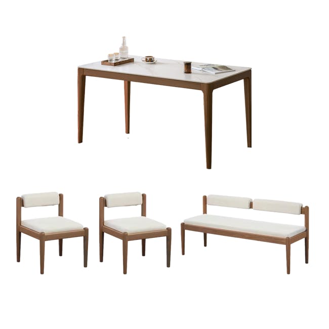 Adelyn Dining Table 1.2m (Sintered Stone) with 2 Niel Chairs and Niel Bench 1.05m in Walnut, Gravel White - 1 - Modern
