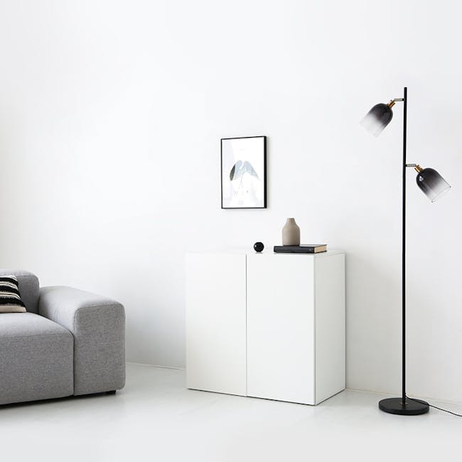 Fikk Modular 2 Door Cabinet - White - 2 - Modern minimalist living room, sleek gray sofa, abstract art on white wall