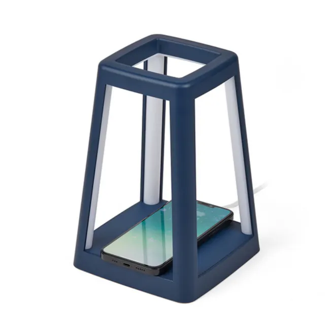 Lexon Lantern Portable Lamp with Built-in Wireless Charger - Dark Blue - 2 - 3D smartphone stand, modern design, sleek
