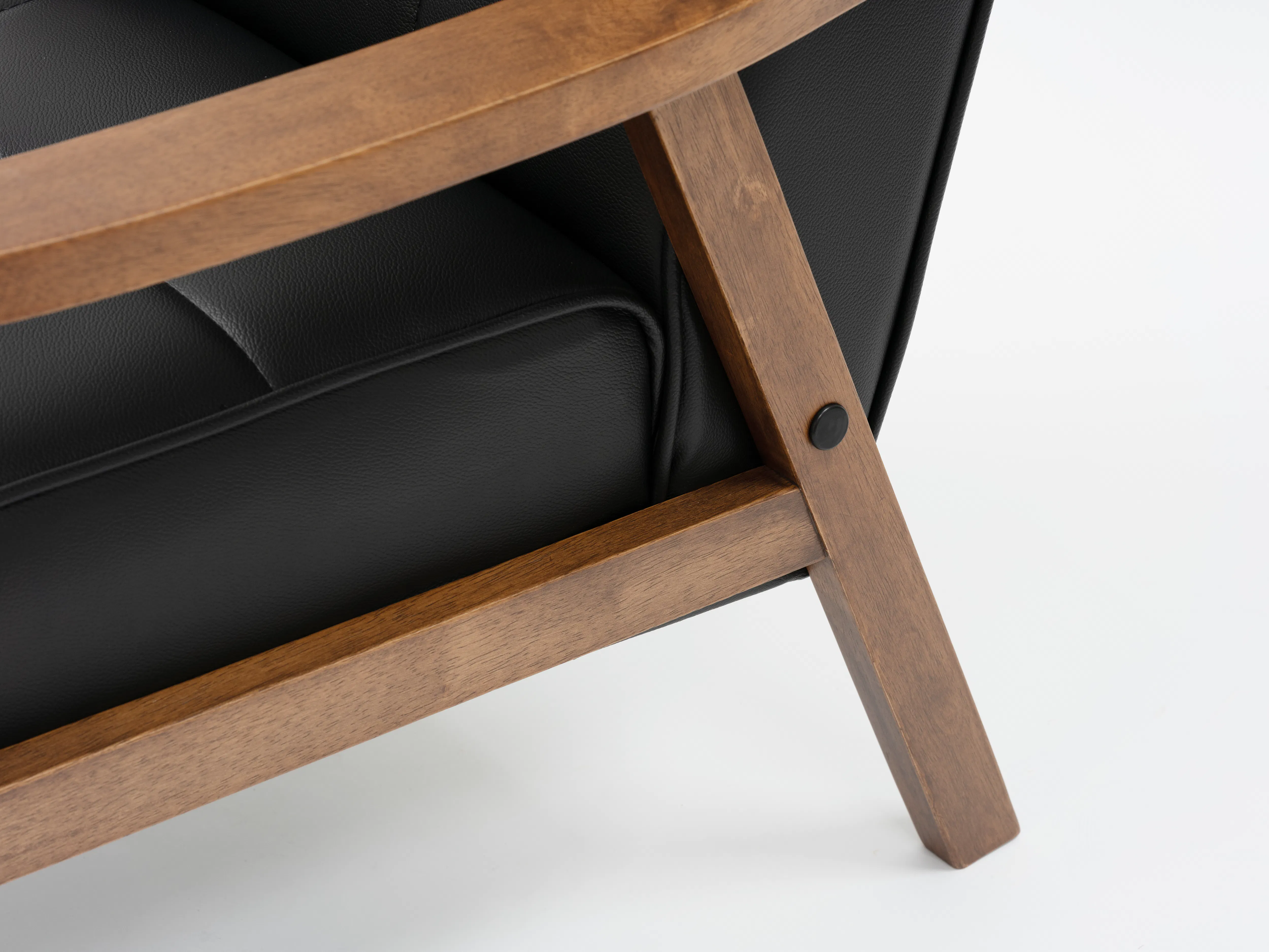 Tucson Armchair - Cocoa, Espresso (Faux Leather) - 10 - Wooden armrest, black leather chair, wooden frame, black cushion