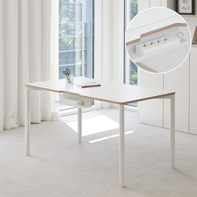 Gaber Study Desk with Cable Holder 1.2m - 3 - White modern minimalist desk with wooden accents, sleek design, built-in