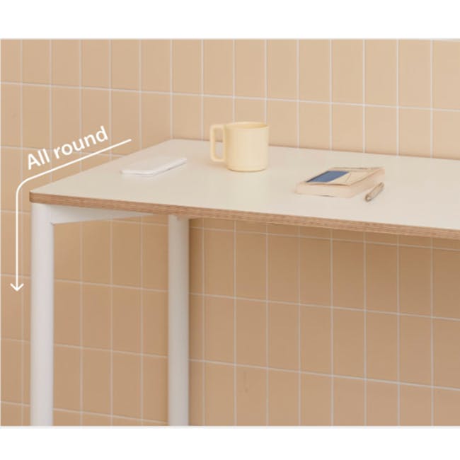 Gaber Study Desk with Cable Holder 1.2m - 7 - White wooden desk, beige tiled wall, minimalist design, round table