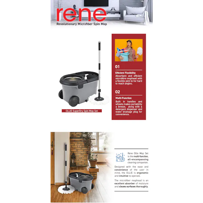 Rene Ollie Revolutionary Microfibre Spin Mop Set - 3 - Revolutionary Microfiber Spin Mop, OLLIE SuperDry Spin Mop Set